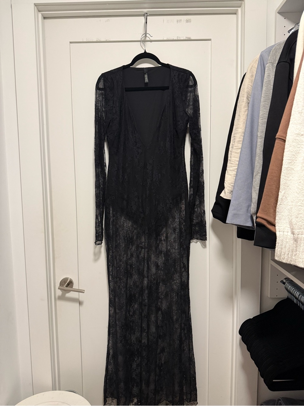 SKIMS Black Long Sleeve Lace V-Neck Dress